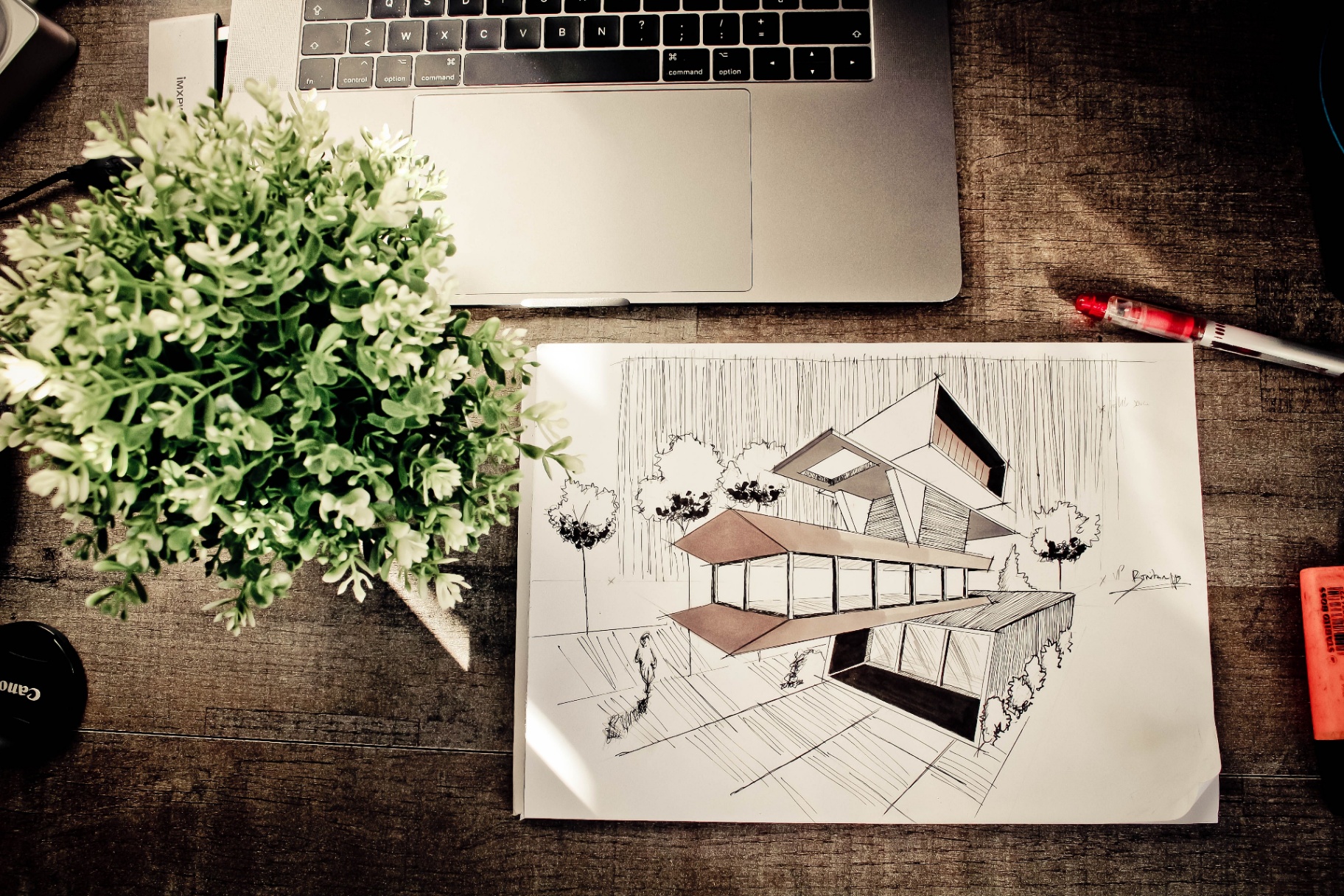 Architectural sketch on the studio desk