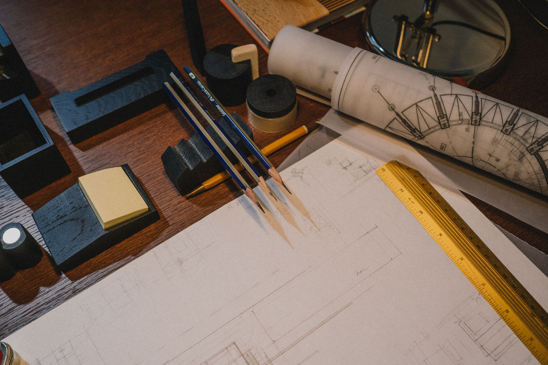 Drafting tools and rolled blueprints
